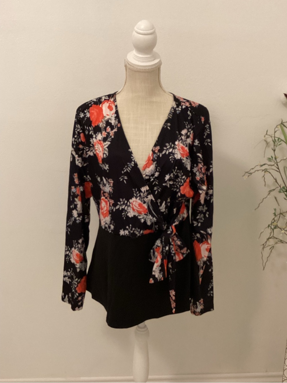SHEIN Black Wrap Tunic with Red and White Floral Print